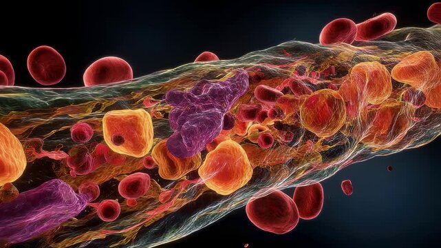 Pathophysiology of Atherosclerosis A detailed 3D visualization that elaborates on the biological mechanisms behind cholesterol buildup in arteries emphasizing the role of inflammation