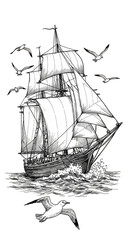 Vintage Isolated Illustration of White Sailing Pirate Ship with Black Background