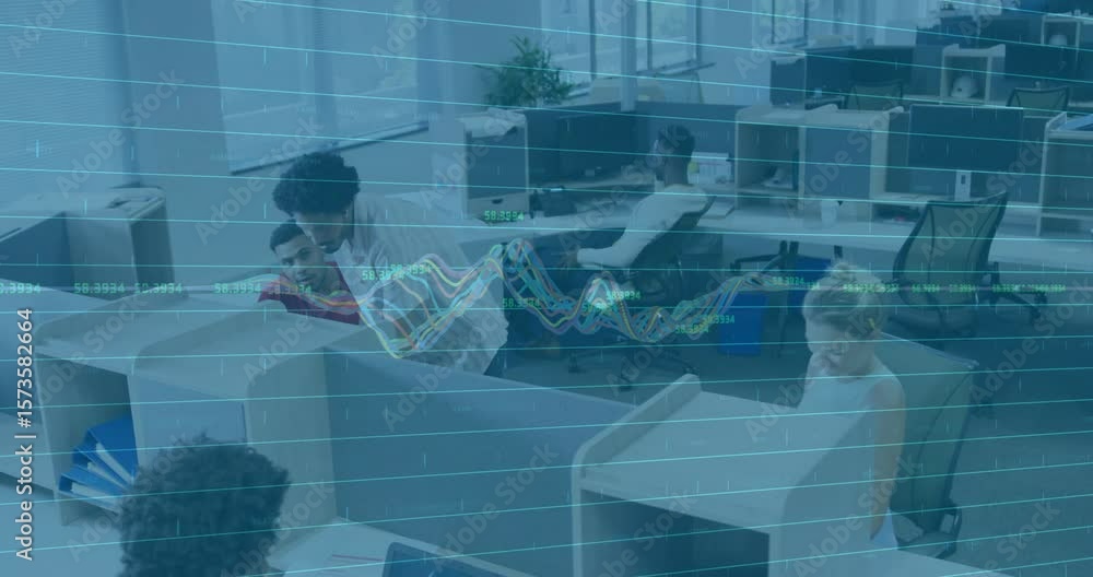 Aufkleber man walking to coworker with laptop pointing at screen analyzing finance data with graph overlay