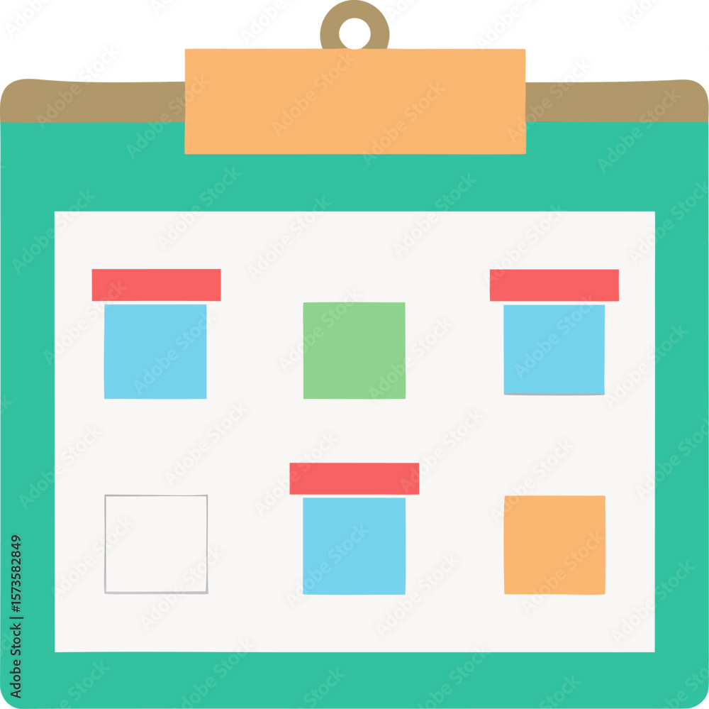 Poster flat 3d task board with sticky notes, workflow illustration with white background.