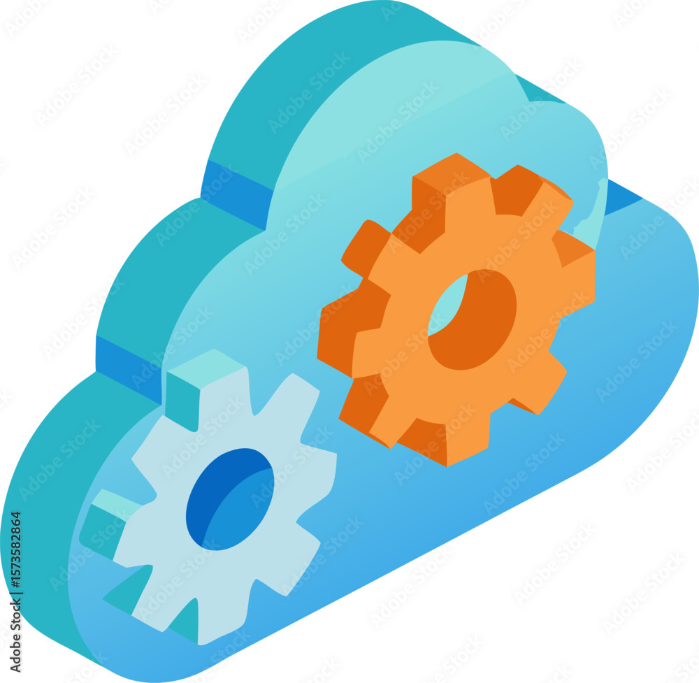 Poster isometric cloud with gear inside, cloud workflow vector with white background.