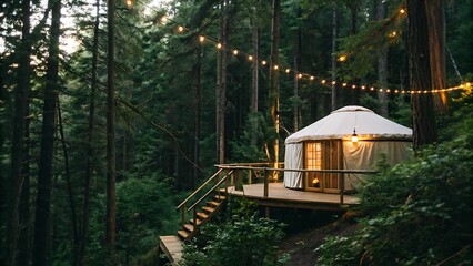 Cozy illuminated yurt nestled in a lush green forest with string lights overhead