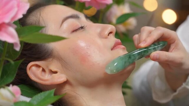 Jade Roller Facial Massage: Relaxing Skincare Treatment with Flowers.