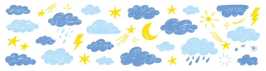 Cloud crayon texture star, moon set. Hand drawn crayon pencil stroke cloud, moon, sun weather shape with chalk texture. Sky elements for kid, baby, school background design. Vector illustration
