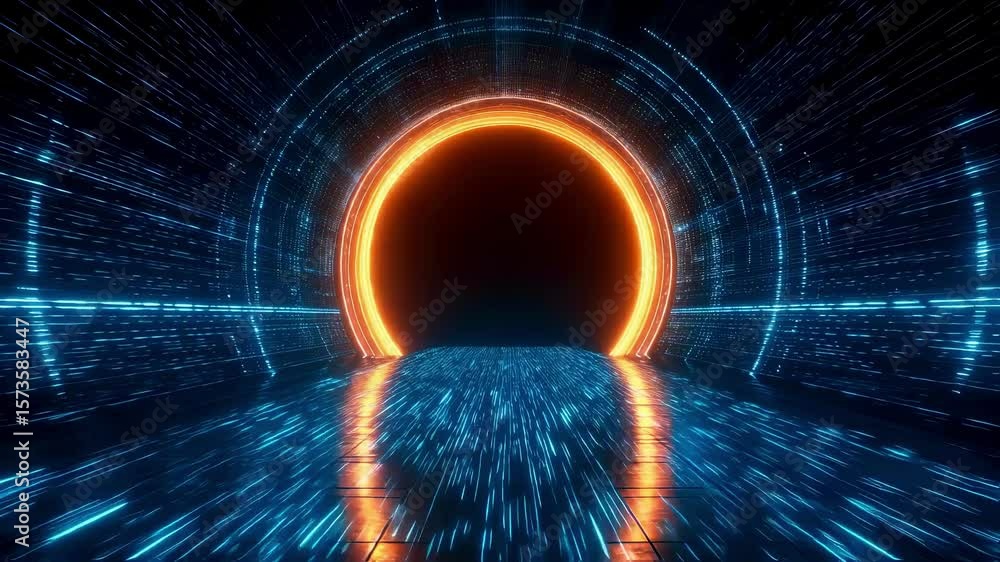 Poster step into a surreal digital realm defined by a rotating orange and blue tunnel filled with radiant l