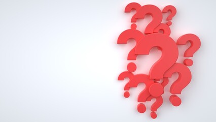 Red question marks on white background concept illustration for support and inquiry. 3d