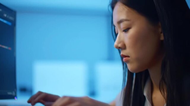 Young female software developer working on computer programming in a modern tech office. Technology concept