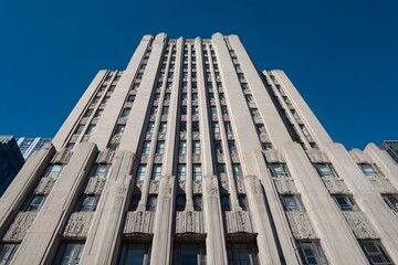 Art Deco Skyscraper Against a Clear Blue Sky.