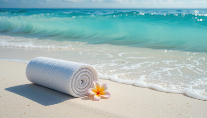Rolled white towel with pink plumeria flower on tropical sandy beach with turquoise ocean waves, perfect summer vacation and wellness background for travel, spa, relaxation, and coastal lifestyle conc
