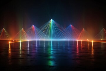 Spectacular Night Waterfront Concert. Luminous Laser and LED Light Show with Dynamic Reflections and Multicolored Patterns