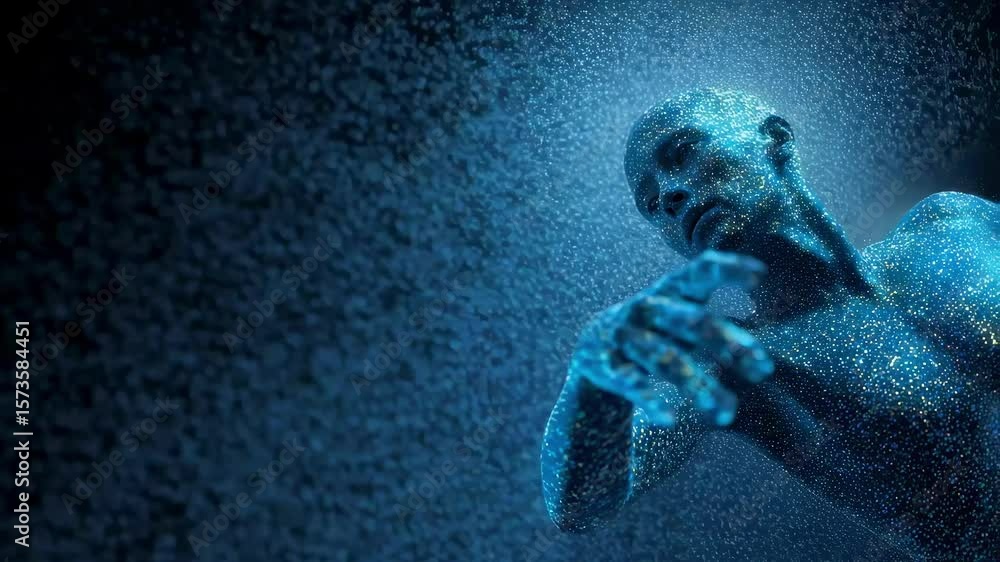 Poster humanoid entity covered with luminous particles extending arm in vast, dark cosmic expanse, evoking 