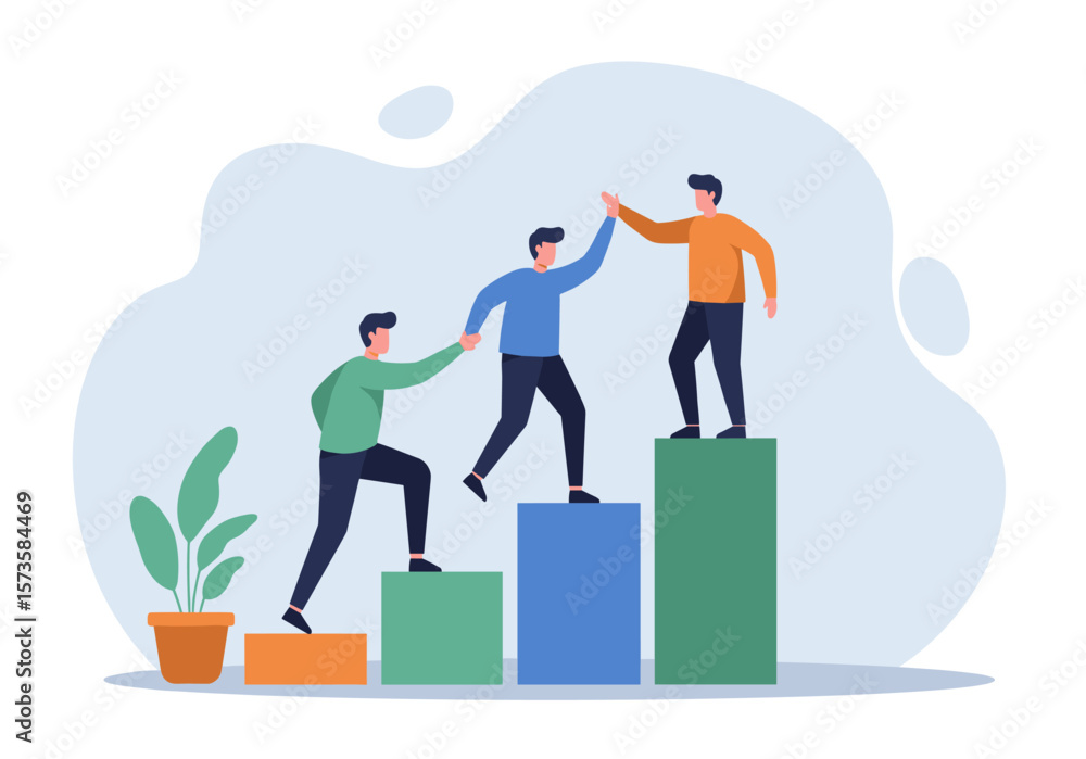 Poster a vector illustration depicts three figures climbing bar graphs of differing heights and giving a hi