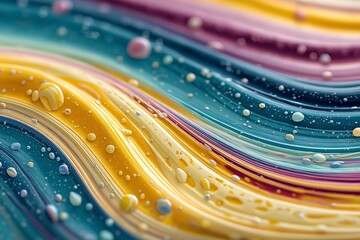 Colorful Abstract Liquid Art. Vibrant Blue, Yellow, and Purple Swirls with Shiny Bubbles