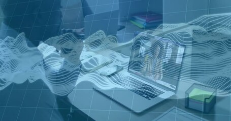 Woman reviewing notes and typing laptop as white waveforms signaling remote business conversation - Powered by Adobe