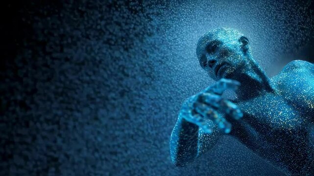 Humanoid entity covered with luminous particles extending arm in vast, dark cosmic expanse, evoking themes of space exploration, artificial intelligence, and the search for extraterrestrial life