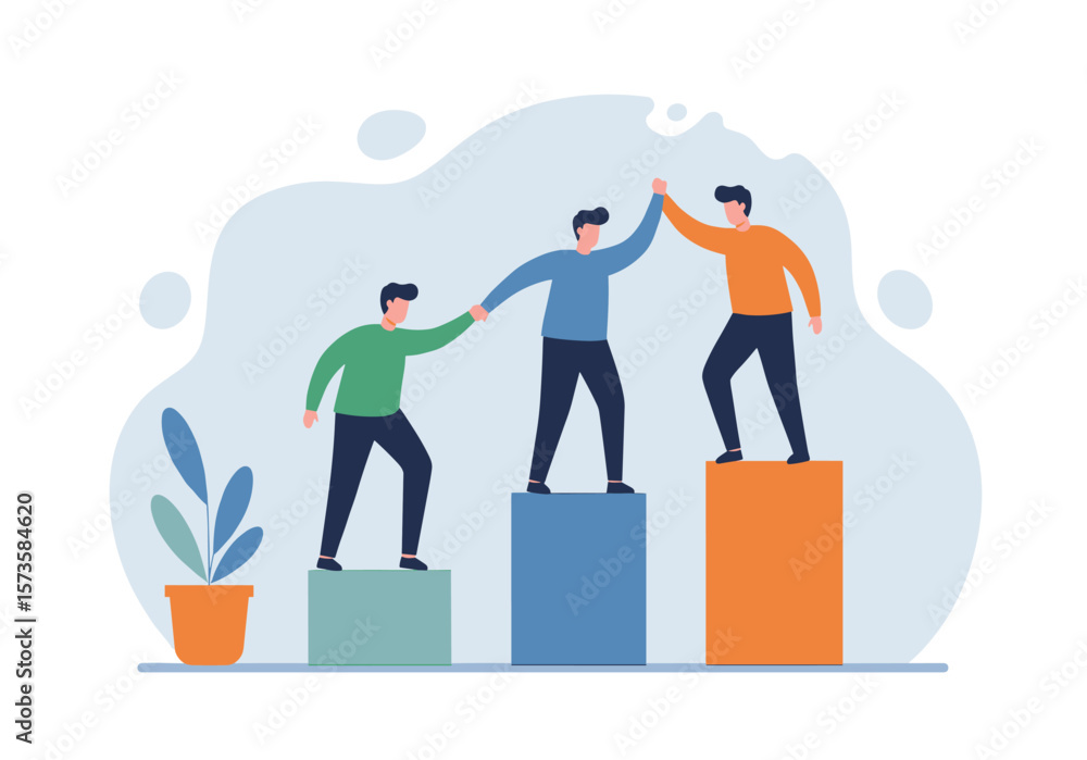Poster a vector illustration depicts three figures climbing bar graphs of differing heights and giving a hi