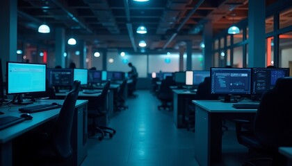 Dark office interior with multiple computer workstations in blue lighting