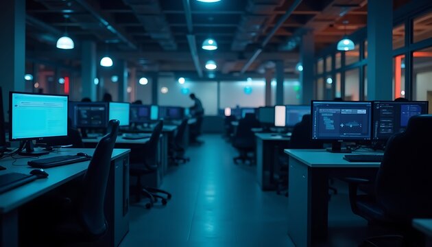 Dark office interior with multiple computer workstations in blue lighting