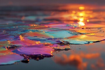 Abstract Colorful Oil Slick Reflection on Water Surface with Vibrant Texture and Shimmering Light