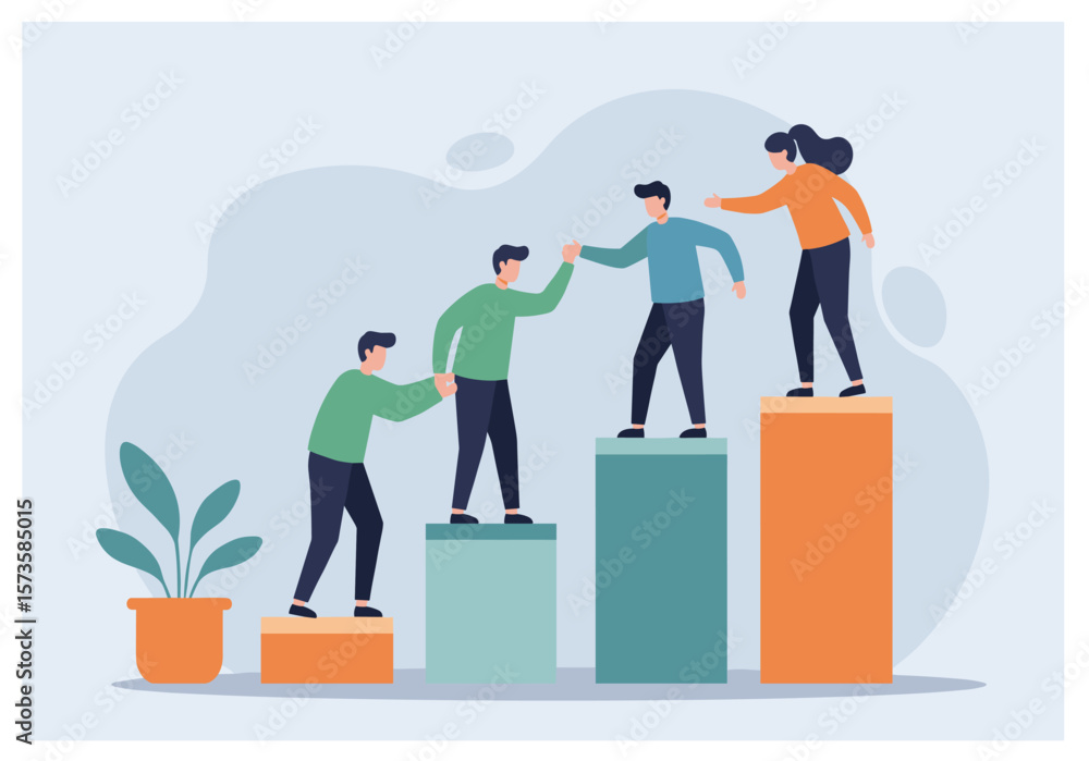 Poster a vector illustration depicts three figures climbing bar graphs of differing heights and giving a hi