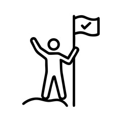 A minimalist line-art depiction of an individual planted flag triumphantly atop a peak, embodies accomplishment and the fulfillment of ambition.