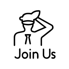 Minimalist line art icon beckons, 'Join Us,' as a sleek human silhouette in uniform extends a welcoming hand, symbolizing opportunity and inclusion.