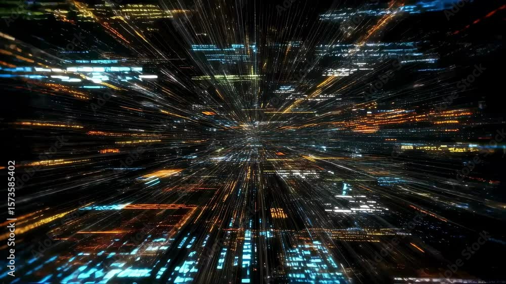 Aufkleber Colorful data streams are converging into the center of a network, creating a dynamic visualization of information flow and processing with bright light trails on a dark background