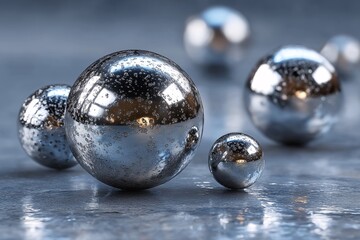 Contemporary 3D Chrome Spheres on Shiny Gray Surface. Minimalistic Geometric Art with High-Contrast Reflections