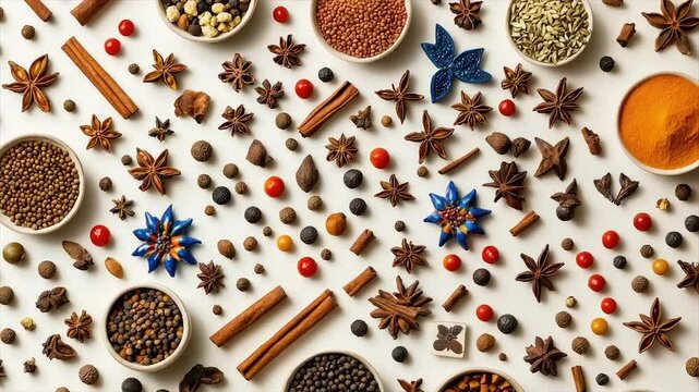 Aromatic spices and seeds arranged artistically on a white background