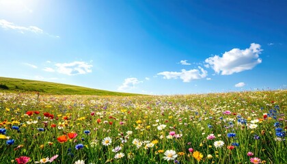 Vibrant Wildflower Meadow Under Bright Blue Sky With White Clouds during Daylight Summer Season