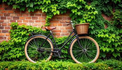 Vintage Bicycle Leaning Against Red Brick Wall Covered in Green Ivy with Brown Basket