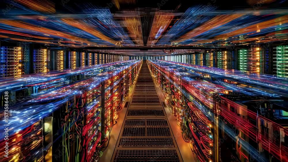 Aufkleber light trails illuminating network cables in a server room, highlighting the rapid transfer of big da
