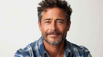 Obraz premium Smiling man in blue plaid shirt, short wavy graying hair, against a white backdrop