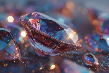Macro Photography of a Shiny Multicolored Diamond Gemstone in Jewelry Design Capturing Glamour and Luxurious Shimmer Through Fine Detail and Light Refraction