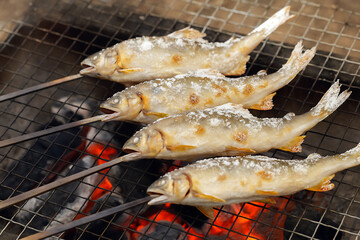 七輪で焼く鮎の塩焼き