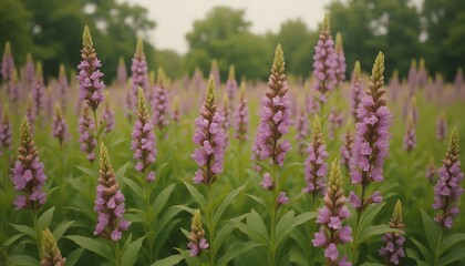 Fototapeta premium Field of Obelisk Plant with Lavender Flowers and Green Leaves.