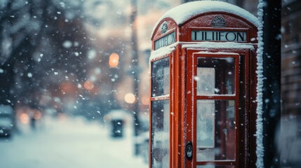Fototapeta premium Red telephone booth covered in snow during a light snowfall.