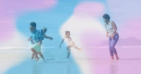 mother kicking wave activating travel icons as family chasing shallow waves for travel - Powered by Adobe