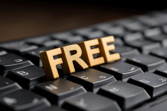 Gold FREE lettering rests on a black keyboard with keys visible around it