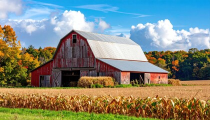 Weathered Red Barn in Autumnal Landscape with Golden Cornfield and Blue Sky