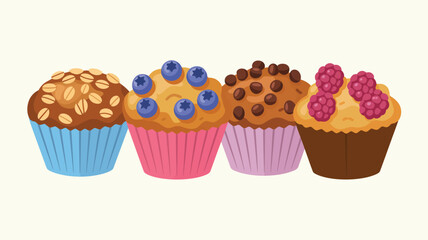 Four delicious and colorful muffins with assorted toppings in a row