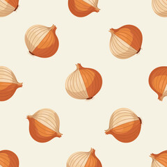 Seamless pattern of fresh yellow and brown onions on a light beige background