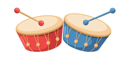 Two colorful cartoon drums with drumsticks on a white background