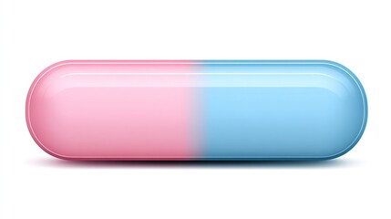 Shiny capsule, pink on the left, blue on the right, casting a soft shadow