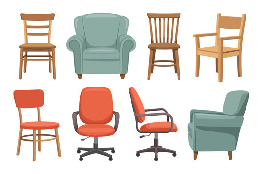 Collection of diverse chairs including armchairs and office chairs