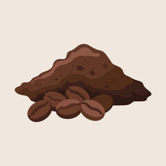 Pile of ground coffee beans with whole coffee beans in front