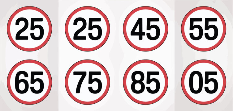Collection of circular speed limit signs with numbers 05 25 45 55 65 75 85