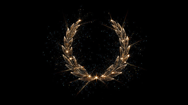 Golden laurel wreath made of glowing wireframe stars, floating in space, symbol of achievement and success