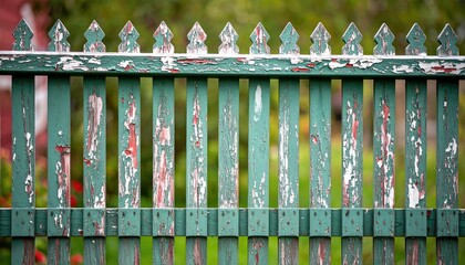 Weathered Wooden Fence With Chipped Green Paint Against A Blurred Natural Background