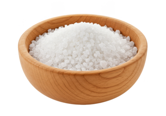 Isolated PNG Image Of Salt Crystals Pile In Wooden Bowl With Transparent Background